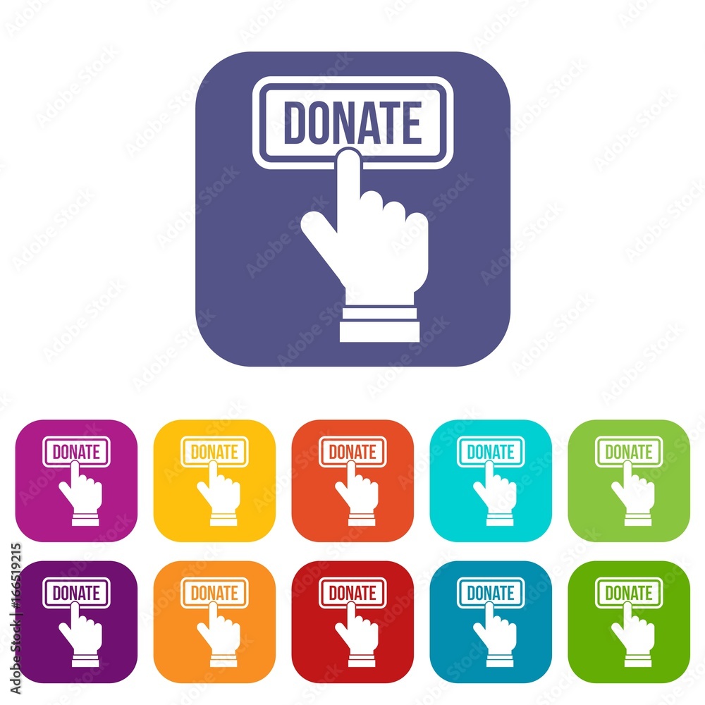 Hand presses button to donate icons set Hand presses button to donate icons set
