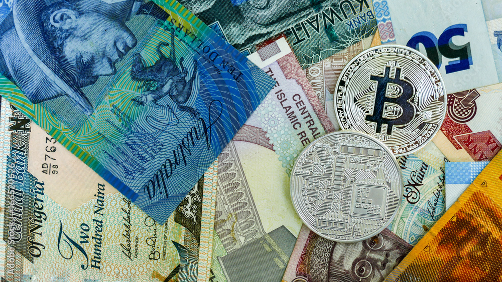 Bitcoin on banknote collage background. Bitcoin on banknote collage background.