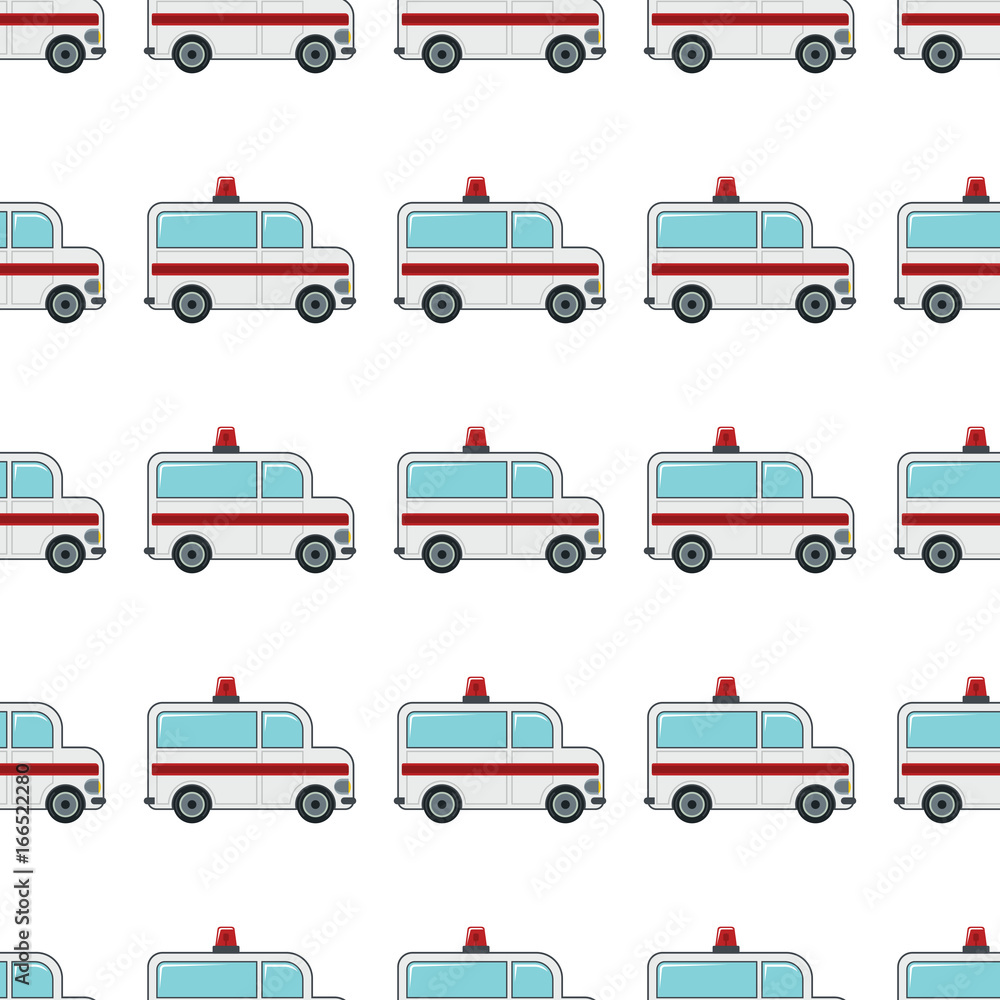 Fototapeta premium Ambulance seamless pattern in cartoon style isolated on white background vector illustration for web