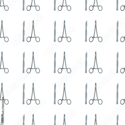 Scalpel and scissors seamless pattern in cartoon style isolated on white background vector illustration for web