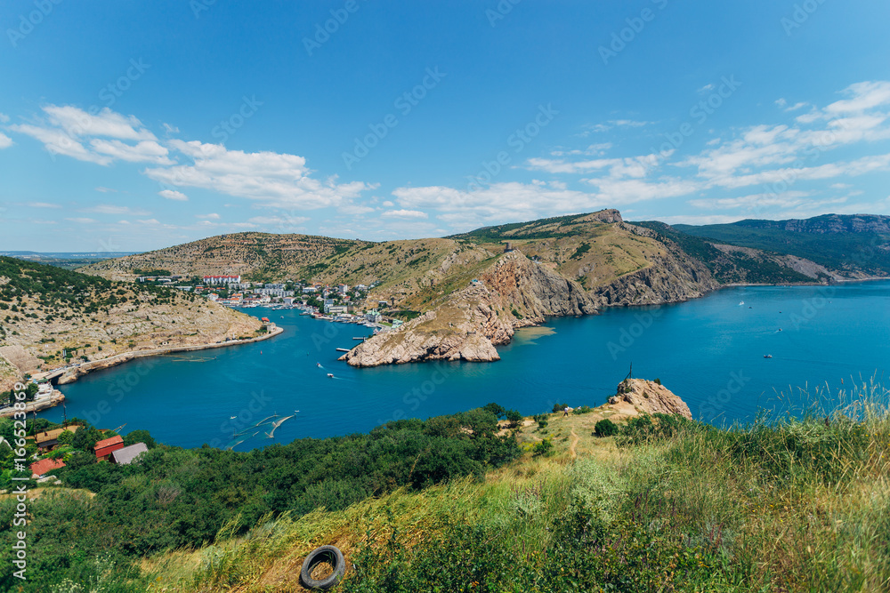 Beautiful view of the Black Sea and Balaklava Bay. Panorama view to city, ships and port