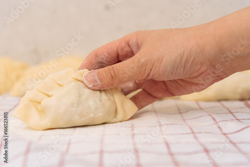 Female Hand moving a Handmade Dumpling.