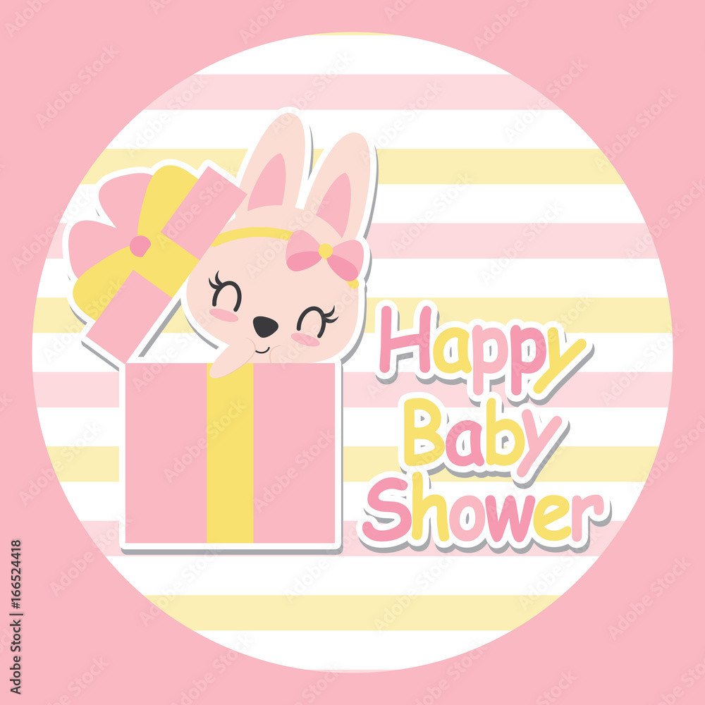 Cute baby bunny in box gift vector cartoon illustration for baby shower card design, postcard, and wallpaper Cute baby bunny in box gift vector cartoon illustration for baby shower card design, postcard, and wallpaper