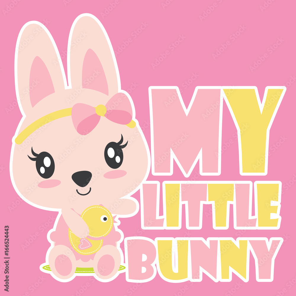 Cute baby bunny with her duck toy vector cartoon illustration for kid t shirt design, postcard, and wallpaper Cute baby bunny with her duck toy vector cartoon illustration for kid t shirt design, postcard, and wallpaper