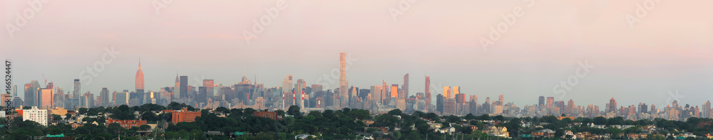 New York city skyline panorama under morning sunlight