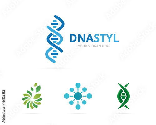 Vector of dna and chromosome logo combination. Gene and helix symbol or icon. Unique spiral and molecular logotype design template.