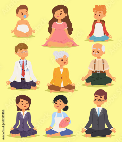Lotus position yoga pose meditation relax people character happiness vector illustration.