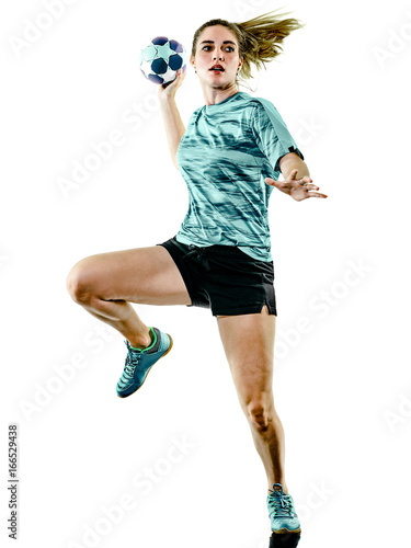 one caucasian young teenager girl woman playing Handball player isolated on white background