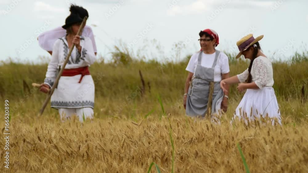 Generations of females talking on the field before the harvest Generations of females talking on the field before the harvest