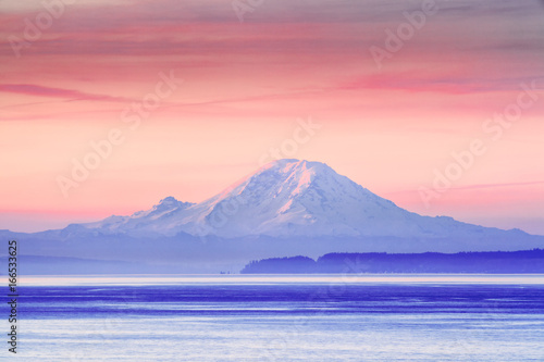 The Puget Sound and Mount Rainier at sunrise, Washington, USA photo