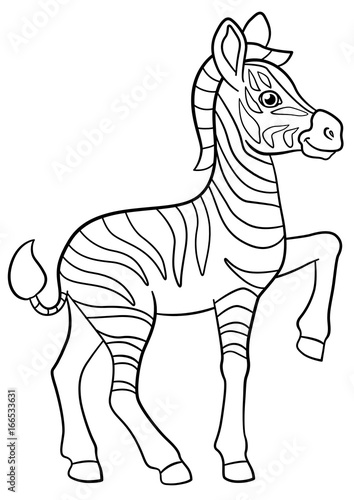 Coloring pages. Little cute baby zebra smiles.