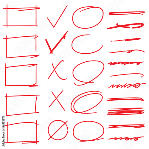 check marks, red circle underline circle markers