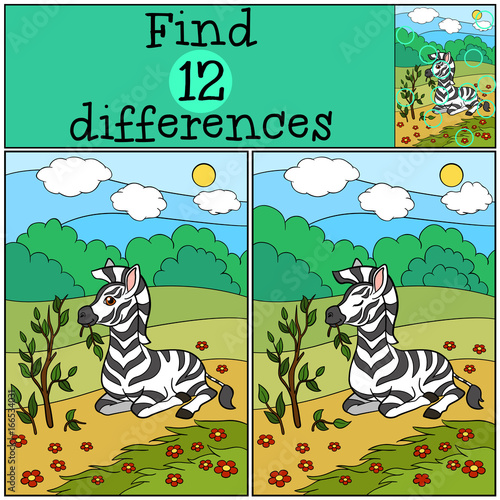 Educational game: Find differences. Little cute zebra eats.