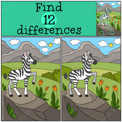 Educational game: Find differences. Little cute zebra smiles.