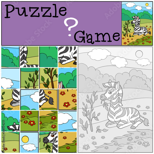 Education game: Puzzle. Little cute baby zebra eats.