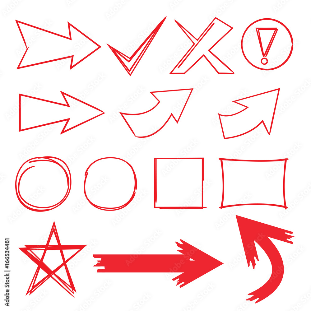 red hand drawn check marks, arrows, and circle markers red hand drawn check marks, arrows, and circle markers