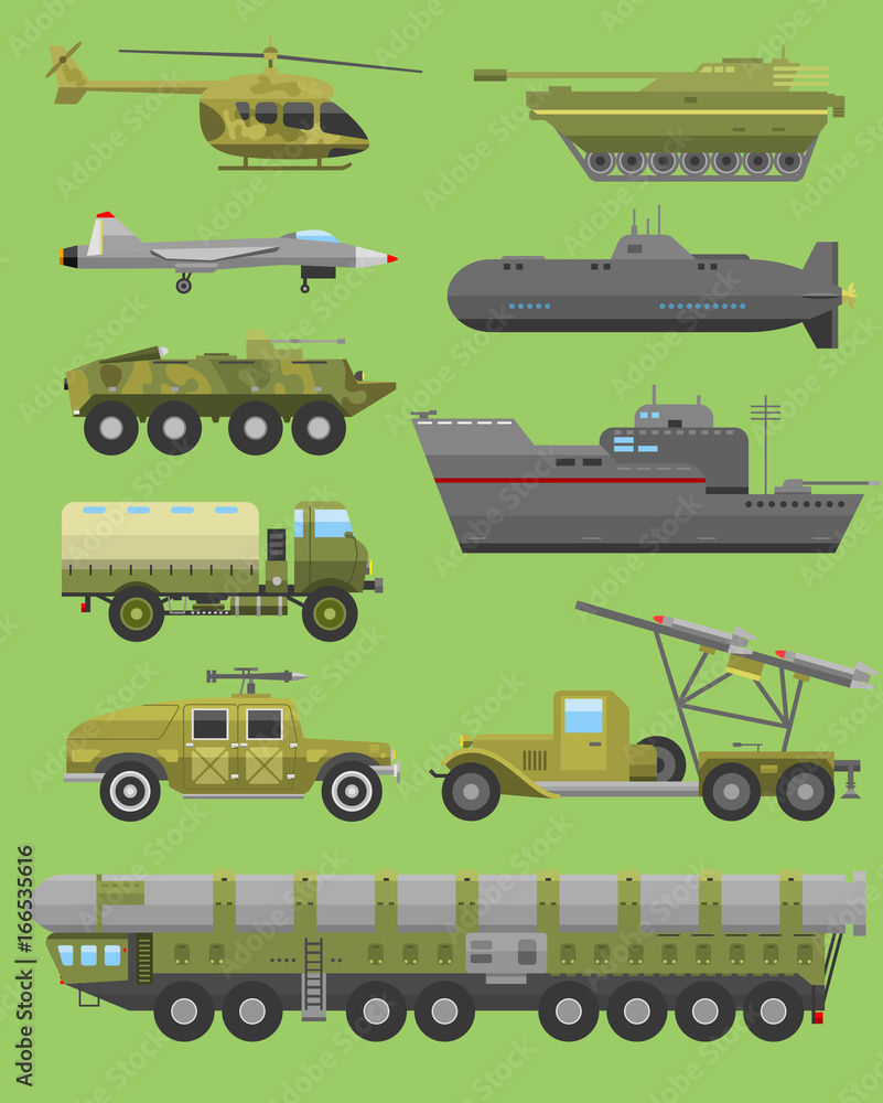 Military technic transport vehicle armor flat vector illustration.