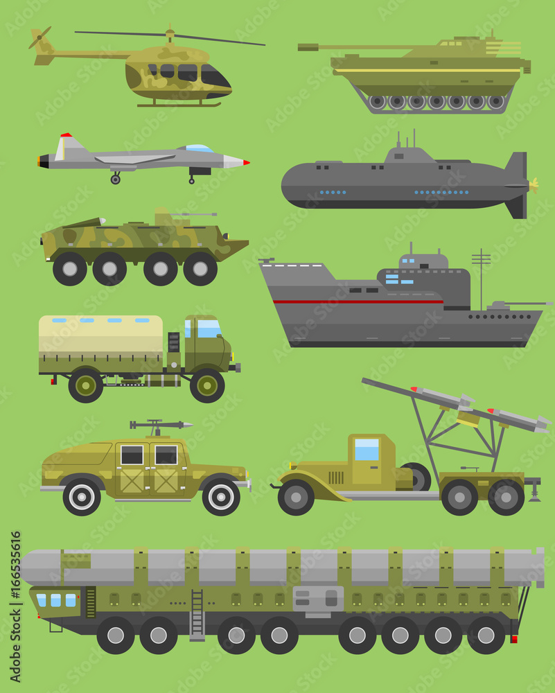 Fototapeta premium Military technic transport vehicle armor flat vector illustration.