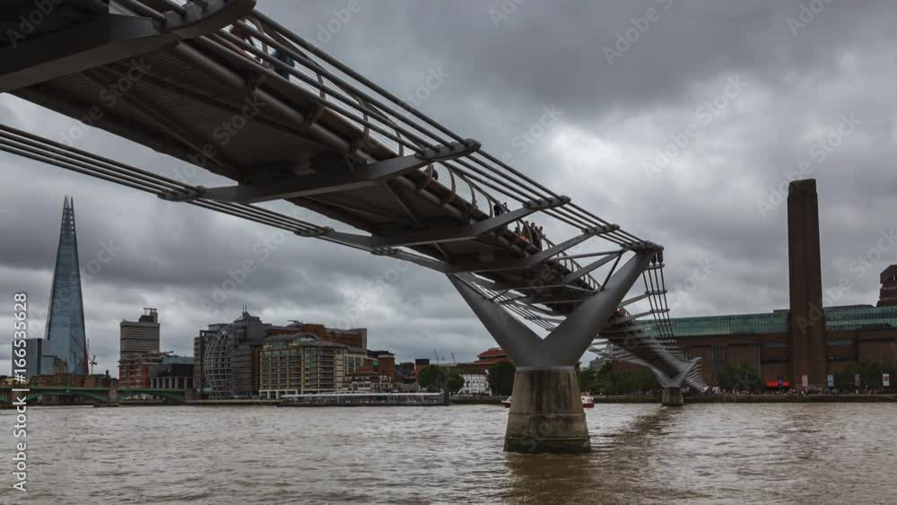 Millennium Bridge Time-Lapse in London with the Thames and the view of the Shard and the Tate Modern. Millennium Bridge Time-Lapse in London with the Thames and the view of the Shard and the Tate Modern.