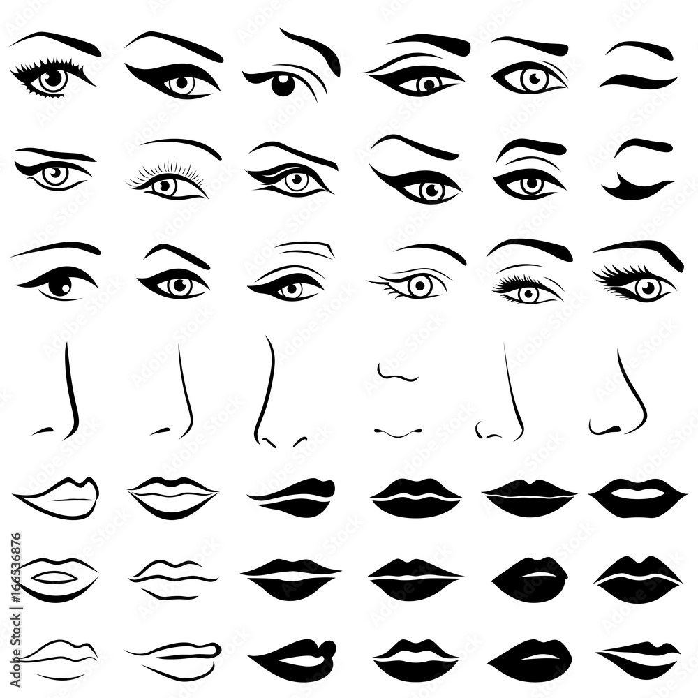 Set of human eyes, noses and lips - obrazy, fototapety, plakaty 