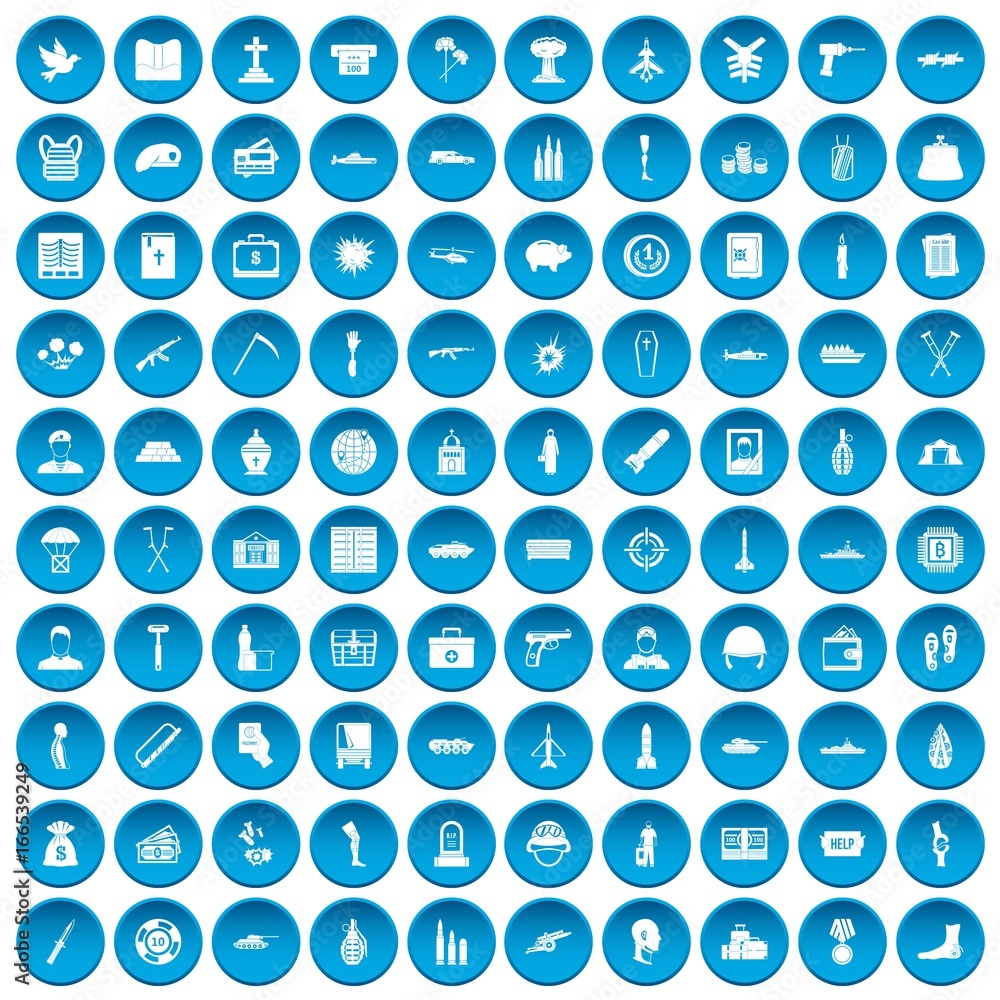 100 war crimes icons set blue 100 war crimes icons set blue
