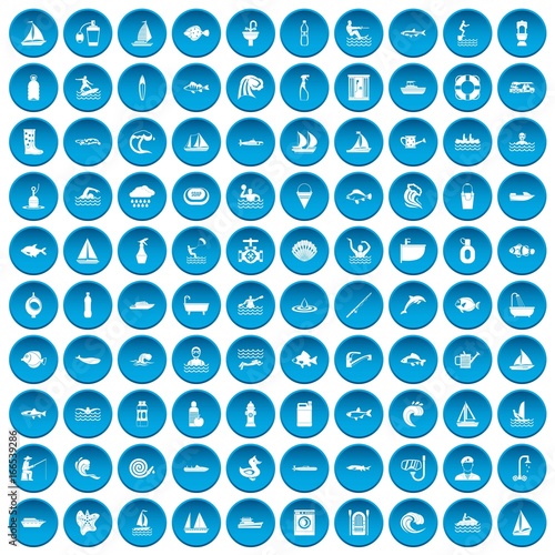 100 water icons set blue