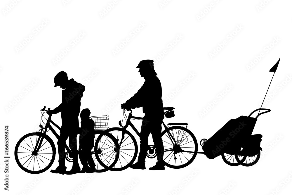 Obraz premium Family cycling with children. Detailed silhouette of woman, man and kid on bicycles with trailer. Urban commute touring. Active recreation lifestyle. Vector design illustration.