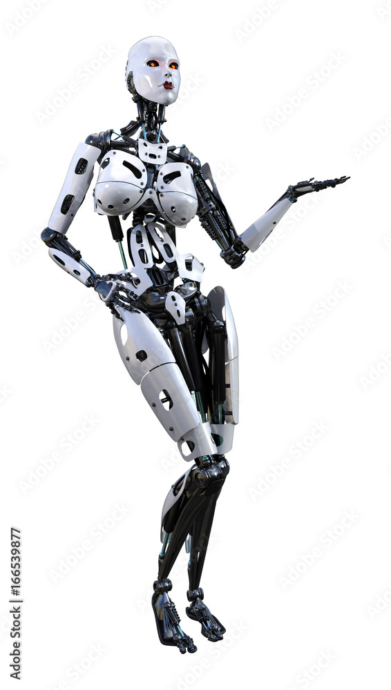 3D Rendering Female Robot on White