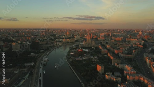 Epic sunset Aerial flight in moscow city center. High altitude. Moscow river, Kremlin, bridges. Stalin skyscraper. UltraHD 4k.