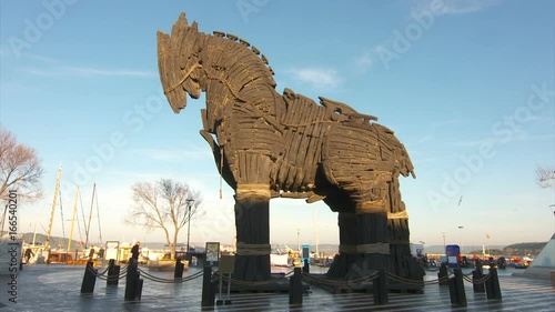 The monument of wooden trojan horse in the city center of Canakkale.