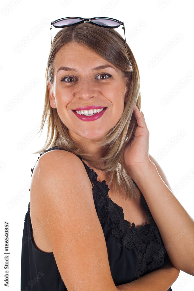 Attractive woman holding her sunglasses - isolated Attractive woman holding her sunglasses - isolated