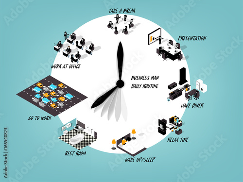 illustration design concept of everyday life,  daily routine of business man, clock design concept of schedule working day business man 