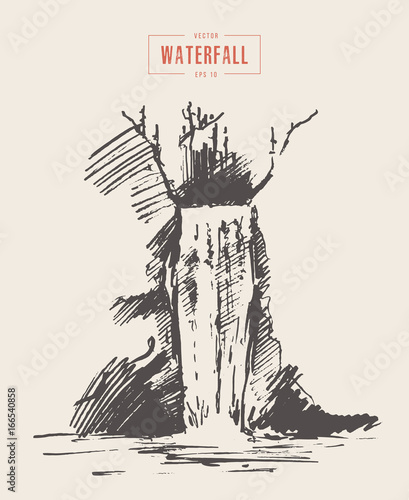 Vintage illustration of beautiful waterfall drawn