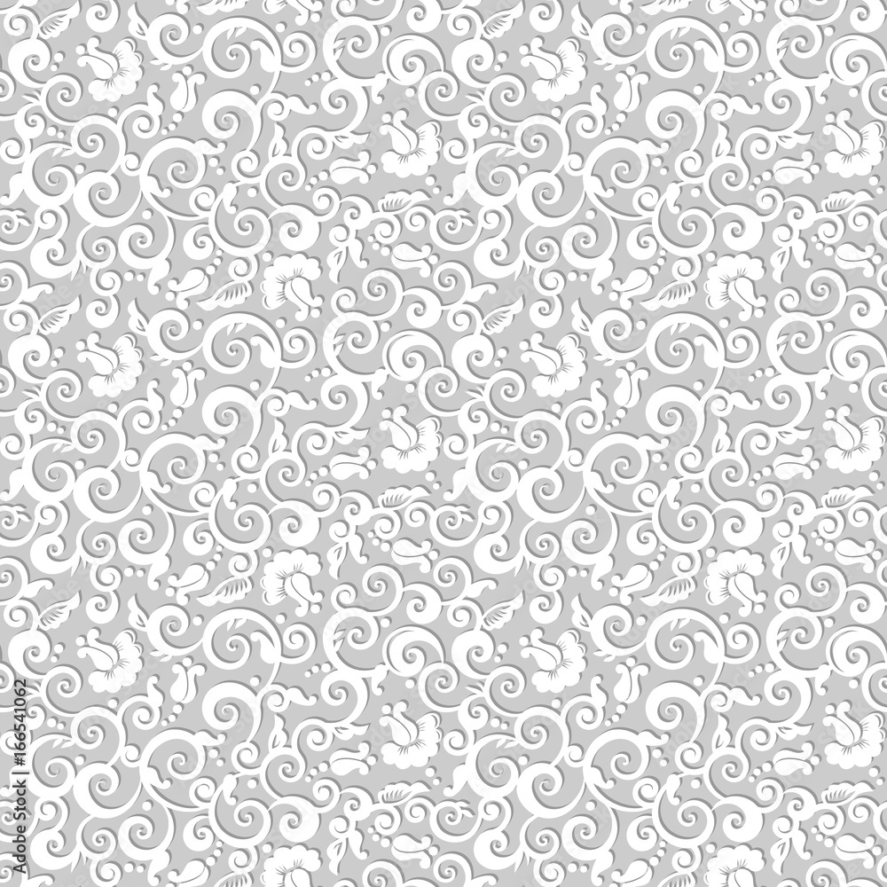 Seamless elegant floral background with roses, rosebuds and swirls, shades of gray, no gradients, easy to recolor
