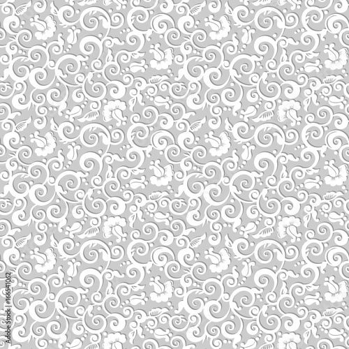 Seamless elegant floral background with roses, rosebuds and swirls, shades of gray, no gradients, easy to recolor 