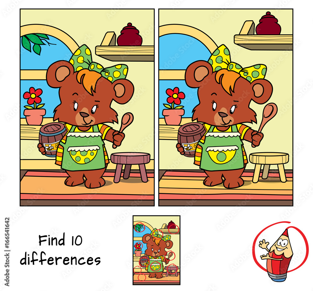 Obraz premium Little bear girl in apron with a barrel of honey and a spoon. Find 10 differences. Educational game for children. Cartoon vector illustration