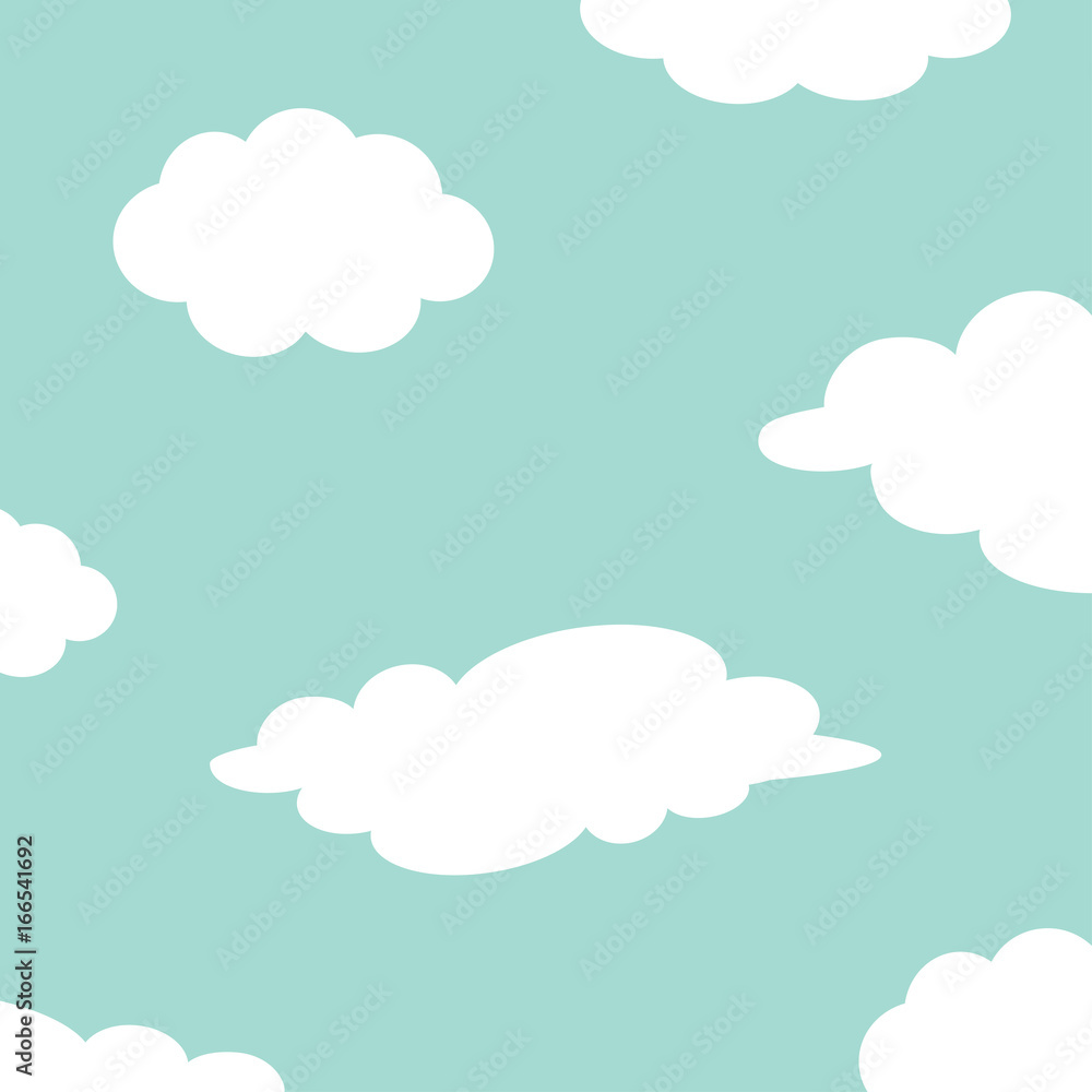 White cloud set on the sky. Fluffy clouds. Cute cartoon cloudscape. Cloudy weather sign symbols. Flat design Decoration element. Blue background.