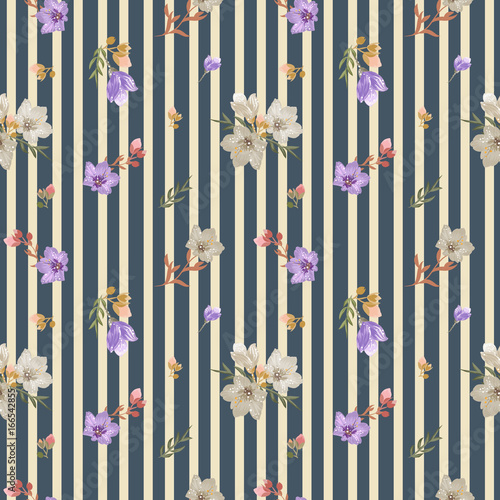 Vintage floral seamless pattern with campanula flowers for textile, wallpaper, scrapbooking, decoupage. Liberty style. Striped background