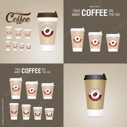 Coffee on the go cups. Different sizes of take away paper coffee cups vector illustration