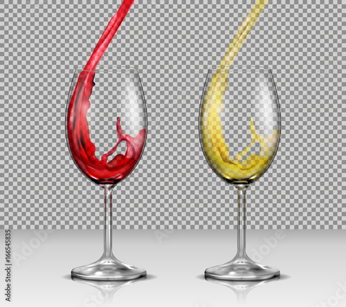 Set of vector illustrations of transparent glass wine glasses with white and red wine pouring in them, isolated. Print, template, design element