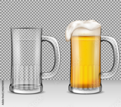 Vector realistic illustration of two transparent glass mugs - one full of beer with foam, the other is empty. Two beer glasses for your design, print, template