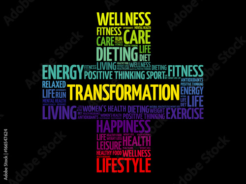 TRANSFORMATION word cloud collage, health cross concept