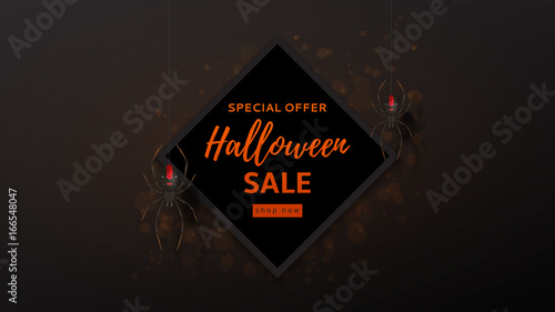 Halloween sale design web banner. Vector illustration. Festive card with spiders on spider web.
