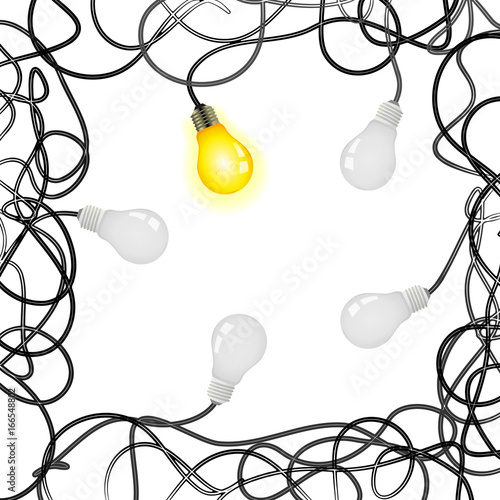 Squared idea vector illustration with light bulbs and tangled power cables