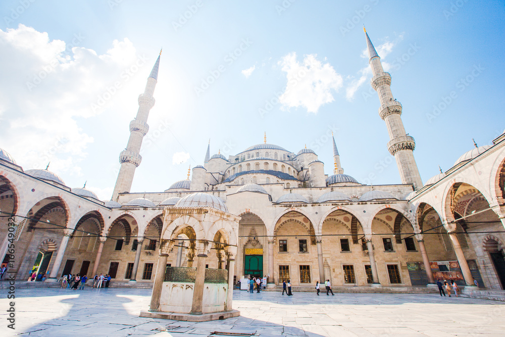 Courtyard of Blue Mosque - Sultan Ahmed or Sultan Ahmet Mosque in Istanbul city.