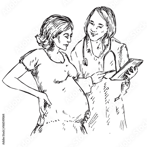 Doctor talking with  pregnant woman, hand drawn doodle, sketch in pop art style, black and white vector illustration