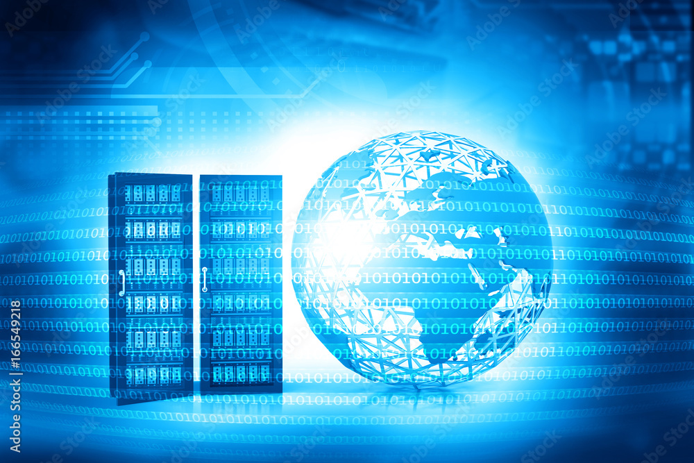 3d world with servers on binary background . 3d world with servers on binary background .