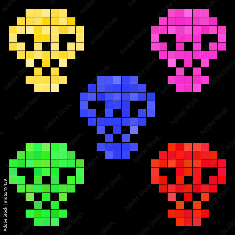 Colors pixel skulls on black screen. Pixel art background. Retro video games icons set. Colors pixel skulls on black screen. Pixel art background. Retro video games icons set.