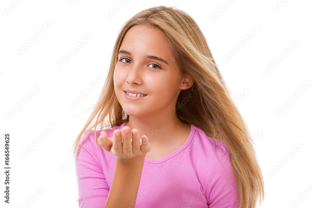 Blonde teenage girl showing air kiss.Isolated Blonde teenage girl showing air kiss.Isolated