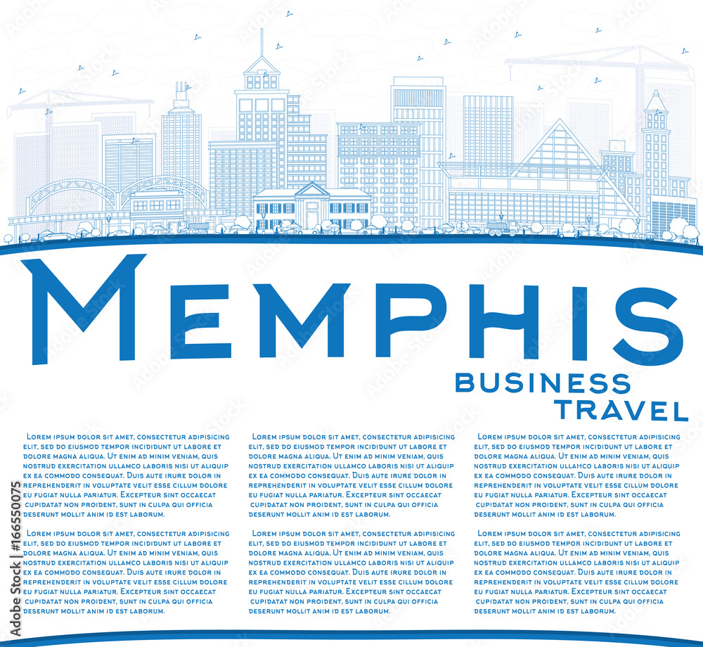 Outline Memphis Skyline with Blue Buildings and Copy Space.